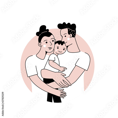 Vector illustration in trendy flat linear style - happy family and parenthood concept - happy mother and father with a baby