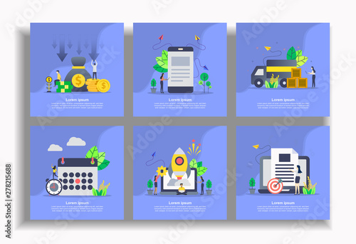 Set of modern flat design templates for Business, cost reduction, mobile marketing, delivery, schedule, startup business, file management. Easy to edit and customize