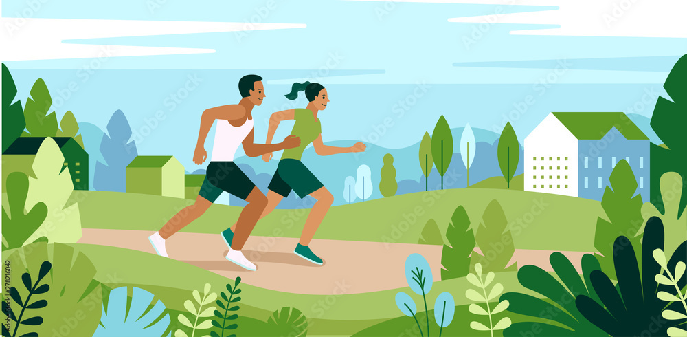 Vector illustration  in simple flat style and characters - man and woman running in the park