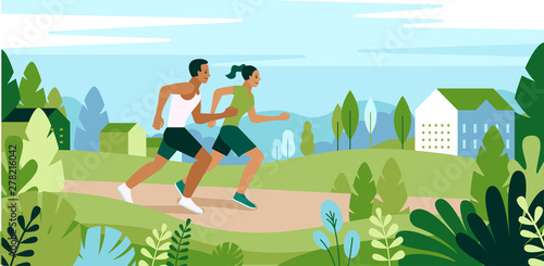 Vector illustration  in simple flat style and characters - man and woman running in the park