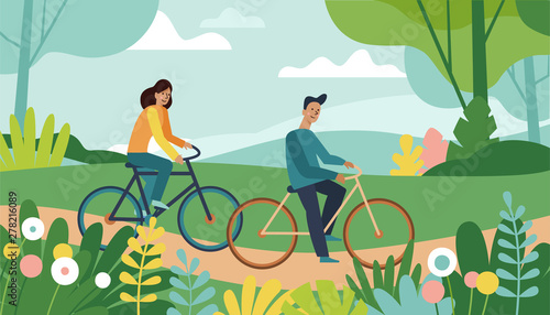 Vector cartoon illustration in simple style with characters - man and woman riding bicycles