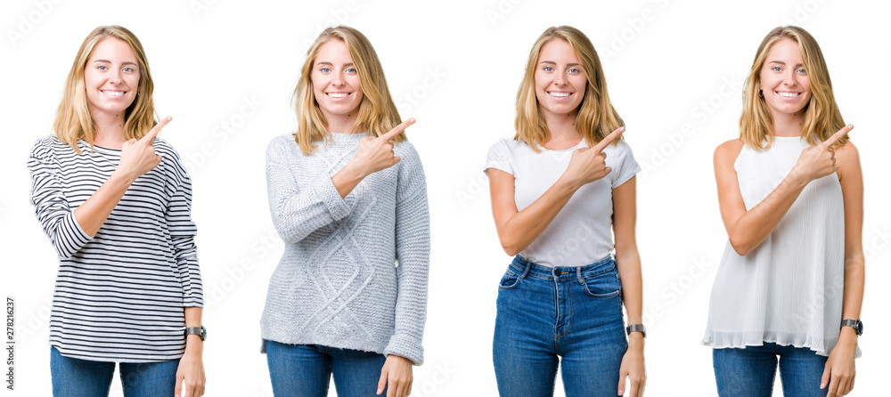 Fototapeta premium Collage of beautiful blonde woman over white isolated background cheerful with a smile of face pointing with hand and finger up to the side with happy and natural expression on face