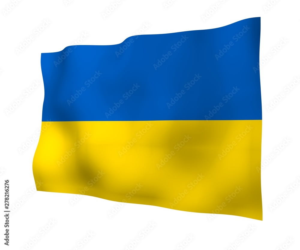 Obraz premium The flag of Ukraine on a white background. National flag and state ensign. Blue and yellow bicolour. 3D illustration waving flag