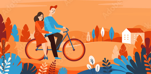 Vector cartoon illustration in simple style with characters - happy couple riding bicycle in the park