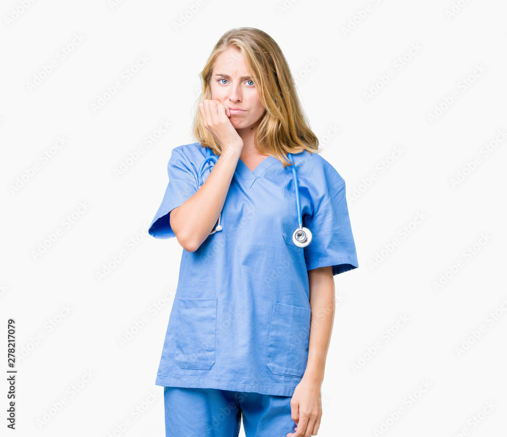 Beautiful young doctor woman wearing medical uniform over isolated background looking stressed and nervous with hands on mouth biting nails. Anxiety problem. Beautiful young doctor woman wearing medical uniform over isolated background looking stressed and nervous with hands on mouth biting nails. Anxiety problem.