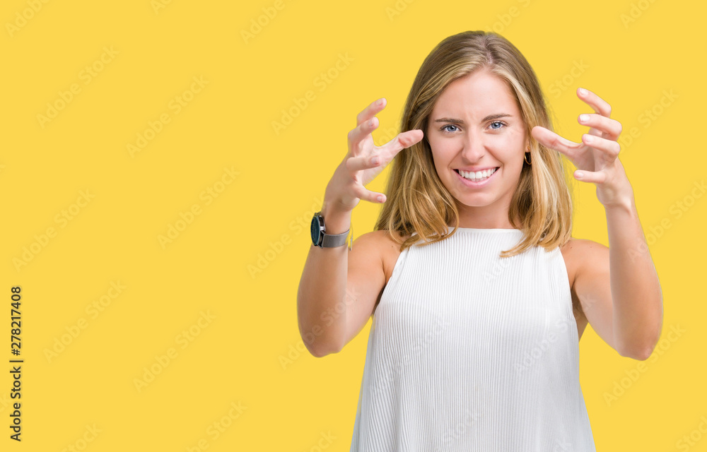 Beautiful young elegant woman over isolated background Shouting frustrated with rage, hands trying to strangle, yelling mad Beautiful young elegant woman over isolated background Shouting frustrated with rage, hands trying to strangle, yelling mad