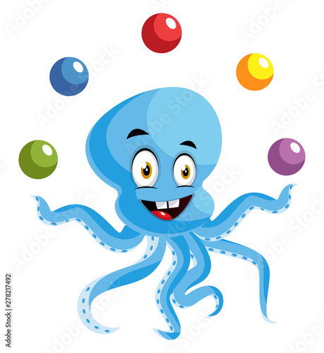 Octopus juggling, illustration, vector on white background.