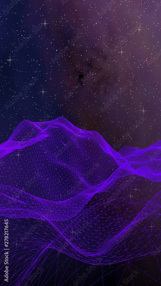 Abstract ultraviolet landscape on a dark background. Purple cyberspace grid. hi tech network. Outer space. Violet starry outer space texture. 3D illustration Abstract ultraviolet landscape on a dark background. Purple cyberspace grid. hi tech network. Outer space. Violet starry outer space texture. 3D illustration