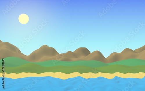 Sun Sea Beach. Noon. Ocean shore line with waves on a beach. Island beach paradise with waves. Vacation  summer  relaxation. Seascape  seashore. Minimalist landscape  primitivism. 3D illustration