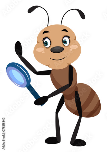 Ant with magnifying tool, illustrator, vector on white background.