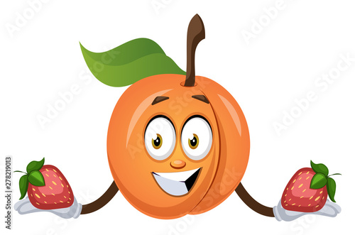 Apricot holding strawberry, illustration, vector on white background.