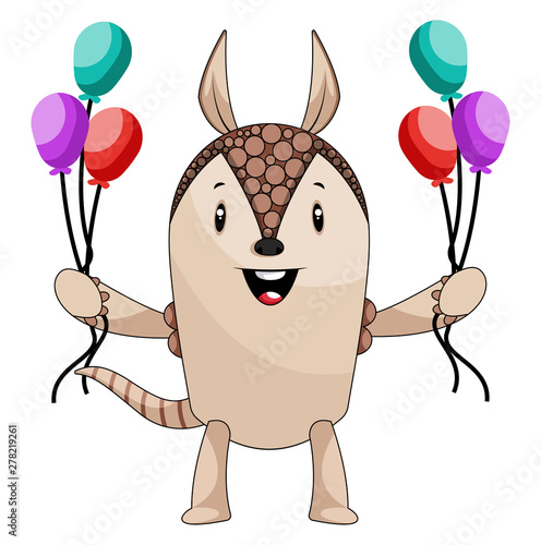 Armadillo with balloons, illustration, vector on white background.