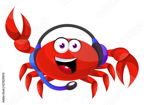 Crab with headphones, illustration, vector on white background.