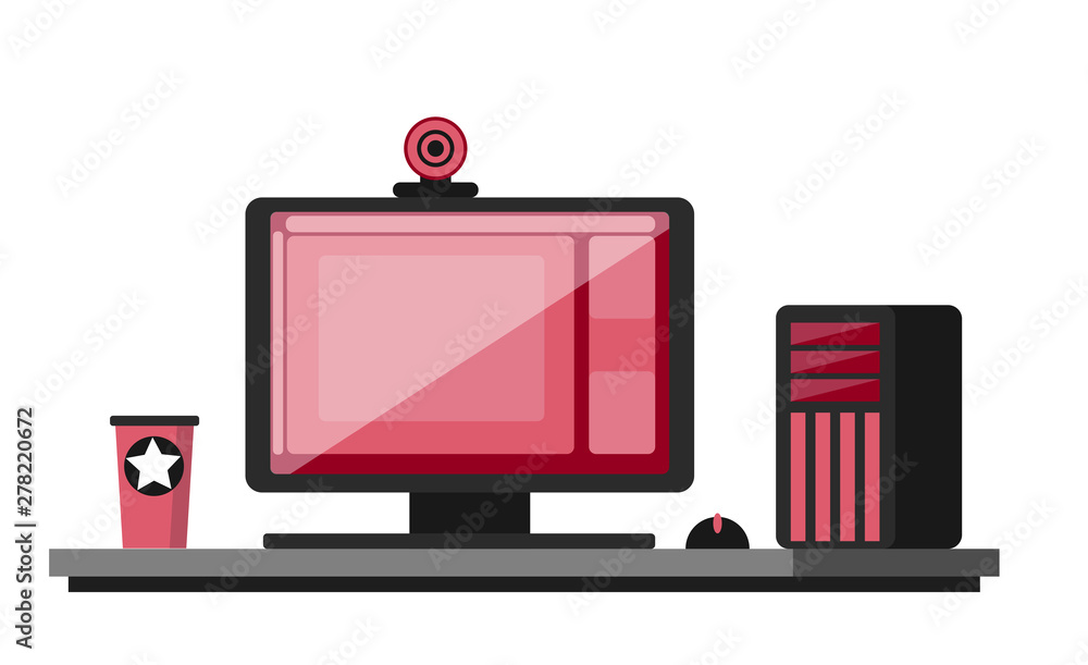 Professional stylish gaming equipment. Desktop PC, monitor on the table,  webcam. Livestreaming and eSports clipart. Flat vector. Desktop girl gamer.  Online training. Stock Vector | Adobe Stock