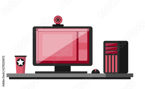 Professional stylish gaming equipment. Desktop PC, monitor on the table, webcam. Livestreaming and eSports clipart. Flat vector. Desktop girl gamer. Online training.