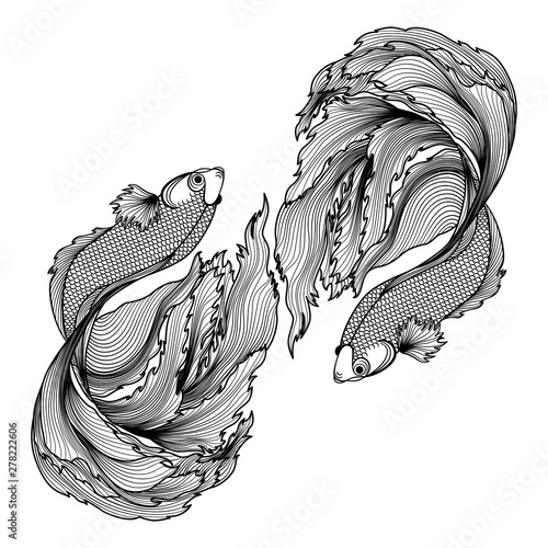 Hand drawn of fish isolated.Gold and silver version. Vector illustration.