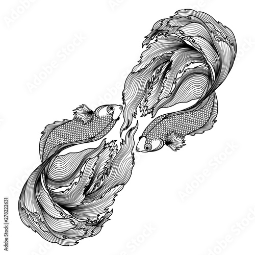 Hand drawn of fish isolated.Gold and silver version. Vector illustration.