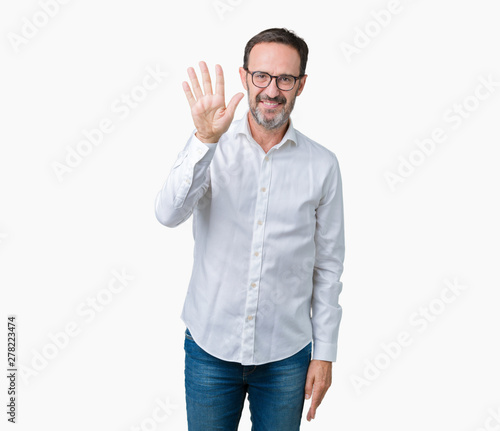 Handsome middle age elegant senior business man wearing glasses over isolated background showing and pointing up with fingers number five while smiling confident and happy.