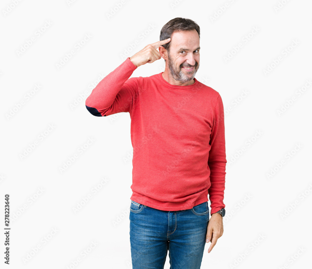 Handsome middle age hoary senior man wearing winter sweater over isolated background Smiling pointing to head with one finger, great idea or thought, good memory Handsome middle age hoary senior man wearing winter sweater over isolated background Smiling pointing to head with one finger, great idea or thought, good memory