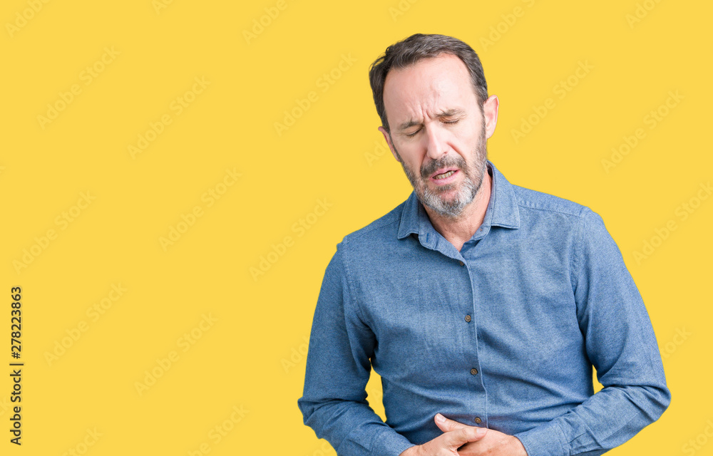 Handsome middle age elegant senior man over isolated background with hand on stomach because indigestion, painful illness feeling unwell. Ache concept. Handsome middle age elegant senior man over isolated background with hand on stomach because indigestion, painful illness feeling unwell. Ache concept.