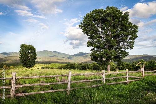 Beautiful old wooden fence in amazing green mountain landscape with cloudy blue sky