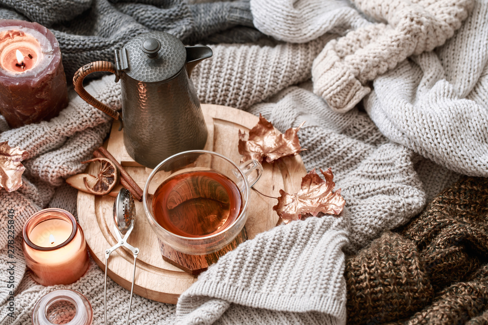Enjoying Warm Tea In Cozy Sock On A Cold Autumn Day Stock Photo - Download  Image Now - iStock