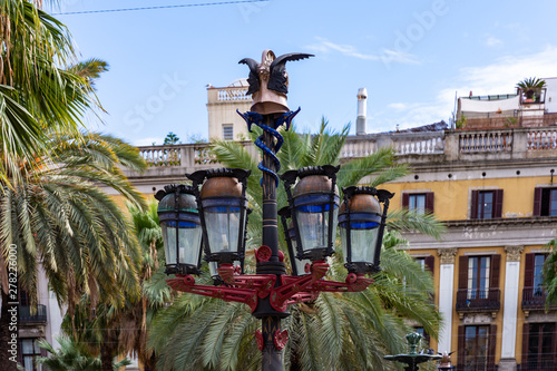 Placa Reial, detail of colorful lamp post known as Gaudì first opera. Barcelona.