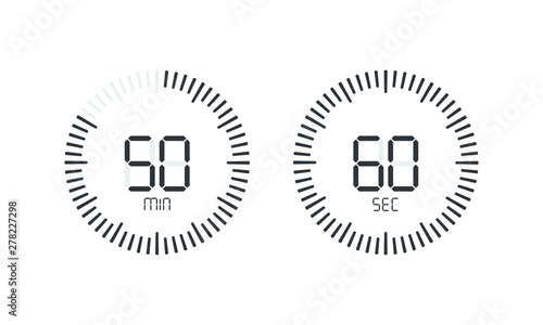 Stopwatch digital countdown timer with minutes and seconds vector display. Isolated black on white background
