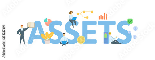 ASSETS. Concept with people, letters and icons. Colored flat vector illustration. Isolated on white background.