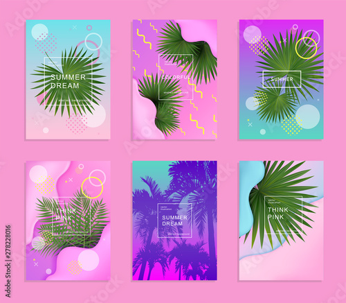 Summer vertical set of backgrounds in geometrical futuristic bright style. Colorful banner template with realistic green tropical palm leaves illustration. Vector, eps 10