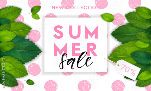 Summer horizontal background in geometrical bright style. Colorful banner template with realistic green leaves illustration. Vector, eps 10 photo