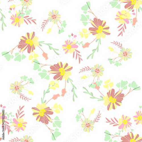 Abstract simple flowers seamless pattern for fabric design. Vector repeat illustrations. Romantic twig and flora seamless pattern.Botanical wallpaper. Element decorative floral. © WI-tuss