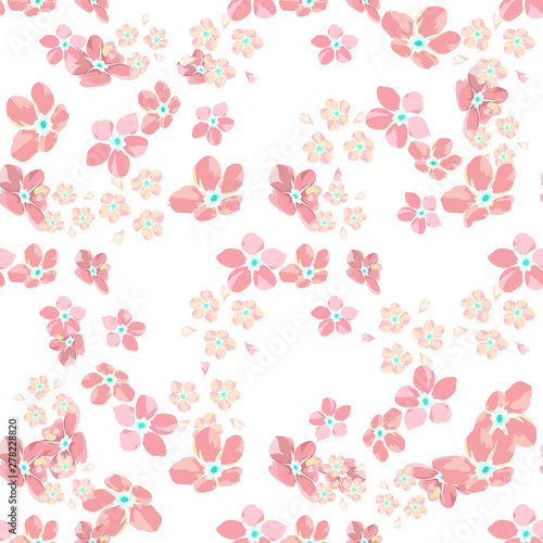 gentle little flowers and petals flying aside the botanical pattern of small colored wildflowers