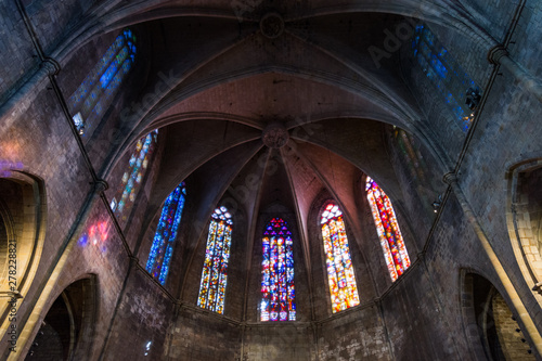 Esglesia de Santa Maria del PI, detail of polychrome stained glass windows. Barcelona.