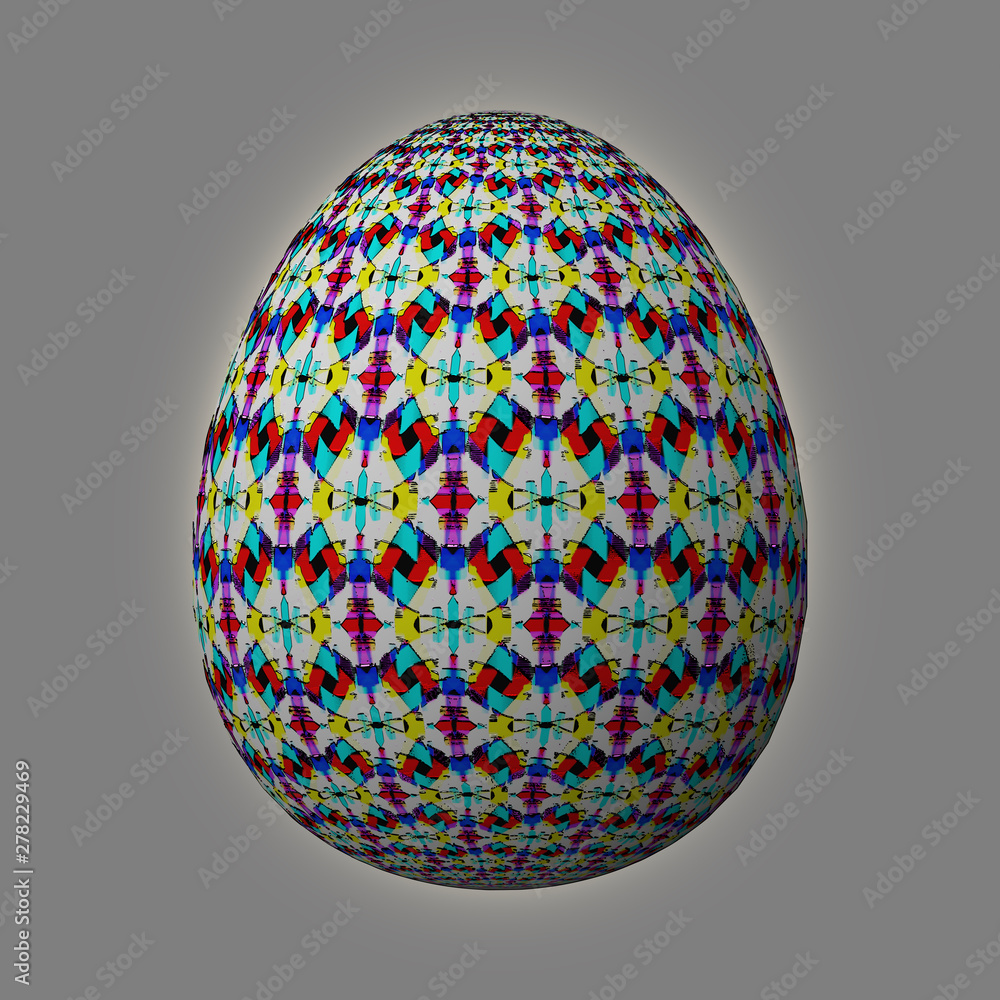 Happy Easter - Frohe Ostern, Artfully designed and colorful easter egg, 3D illustration on grey background Happy Easter - Frohe Ostern, Artfully designed and colorful easter egg, 3D illustration on grey background