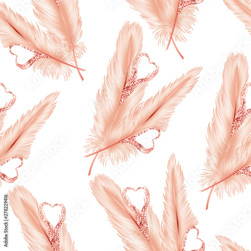 Seamless pattern with feathers-hearts. Vector illustration. 