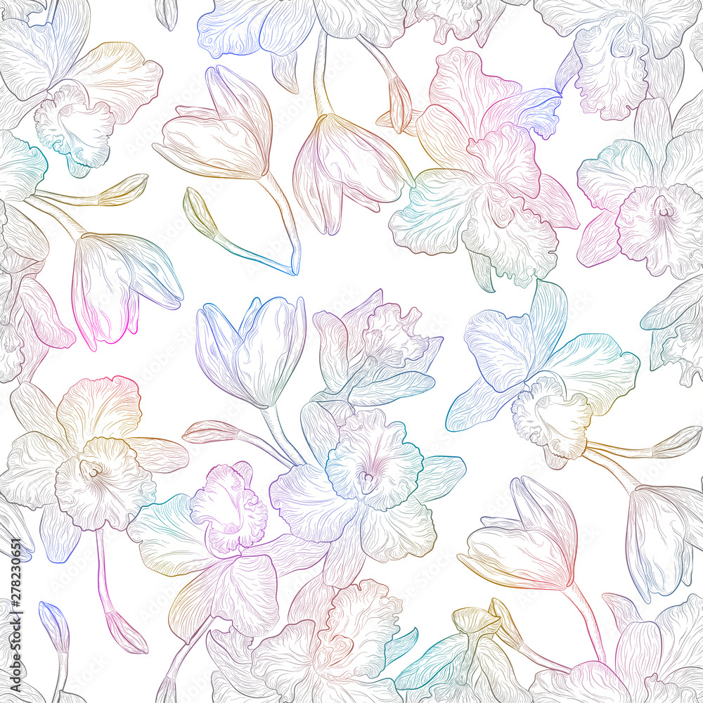 Beautiful  seamless pattern with Orchid flowers . Vector illustration.