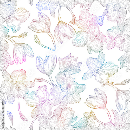 Beautiful seamless pattern with Orchid flowers . Vector illustration.