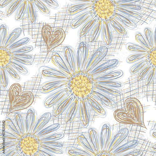 Seamless pattern with camomile flowers and hearts. Vector illustration.