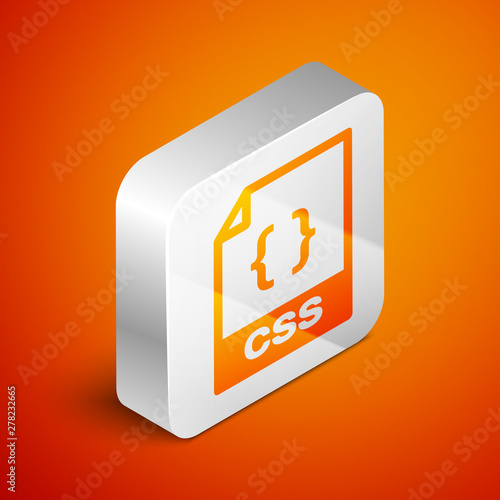 Isometric CSS file document icon. Download css button icon isolated on orange background. CSS file symbol. Silver square button. Vector Illustration