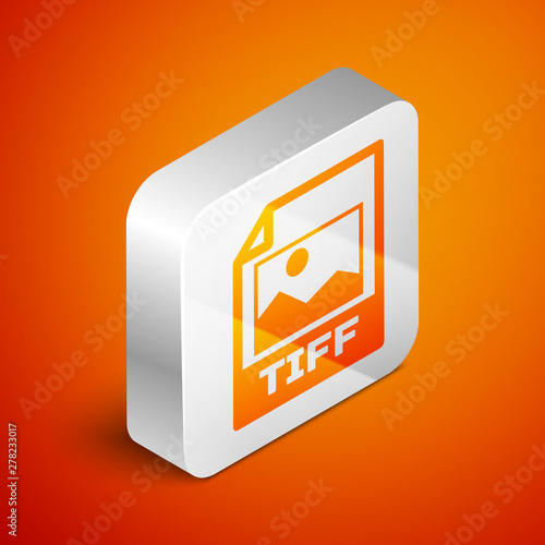 Isometric TIFF file document icon. Download tiff button icon isolated on orange background. TIFF file symbol. Silver square button. Vector Illustration