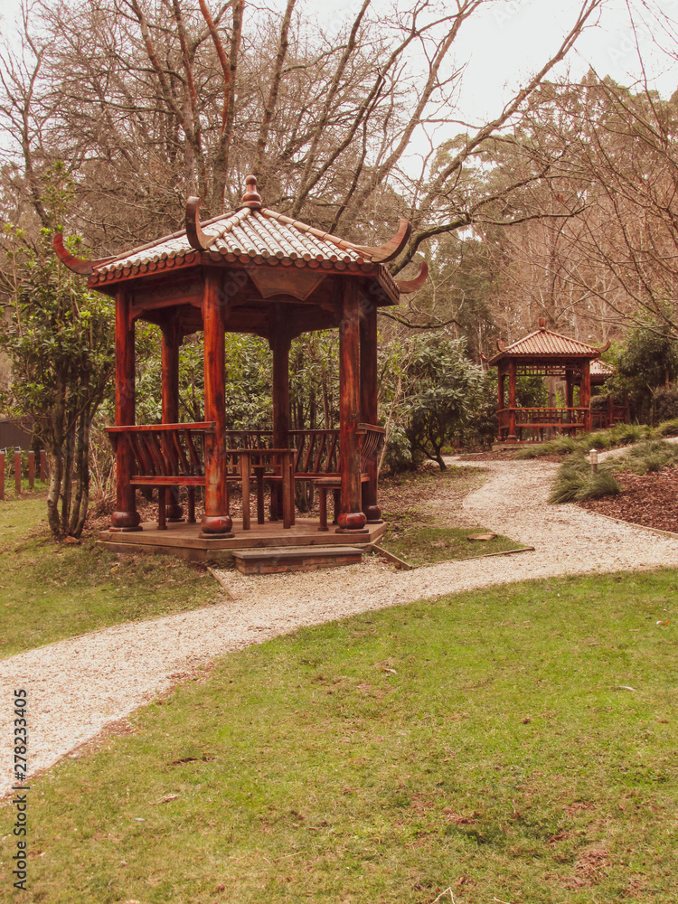 Chinese pavilions in Asian themed garden on a cloudy winter day in Mount Dandenong Chinese pavilions in Asian themed garden on a cloudy winter day in Mount Dandenong