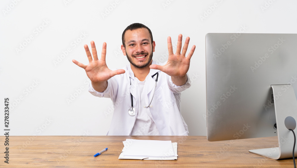Doctor Colombian man counting ten with fingers Doctor Colombian man counting ten with fingers