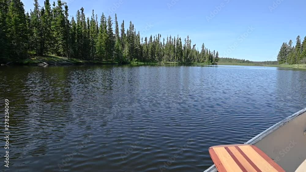 Slow motion video of canoeing along a calm northern river with trees and clouds reflecting in the water including a canoe and paddle in the foreground Slow motion video of canoeing along a calm northern river with trees and clouds reflecting in the water including a canoe and paddle in the foreground
