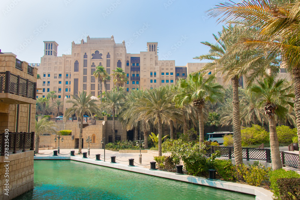 Palm tree with Arabic buildings in Dubai, United Arab Emirates