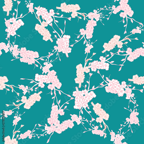 Line art illustration apple or peach brunch tree backdrop.Floral organic background. Vintage floral pattern