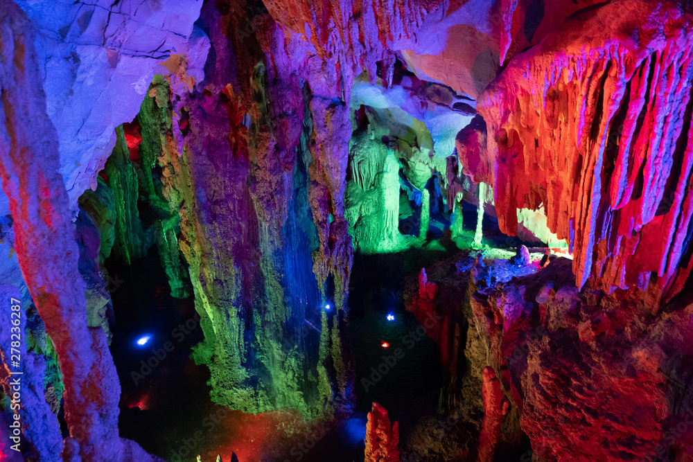 Nice cave with stone pattern formed by nature, stalactites, stalagmites, karst limestone