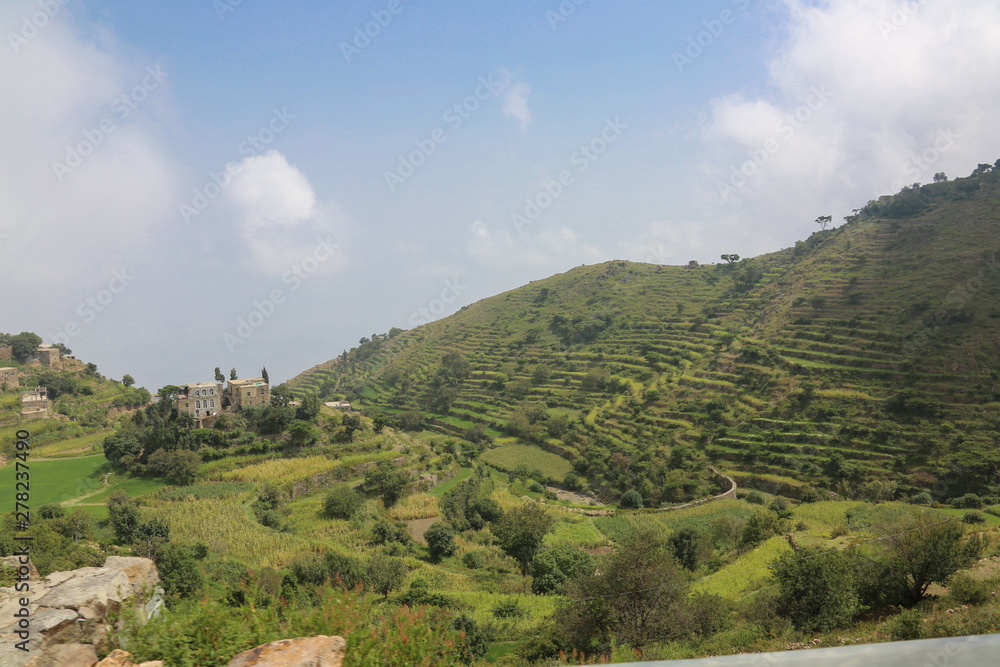 Obraz premium Spectacular views of the agricultural terraces of Sabir mountain in Taiz City, which is the second highest mountain in Yemen and Arabian Peninsula .