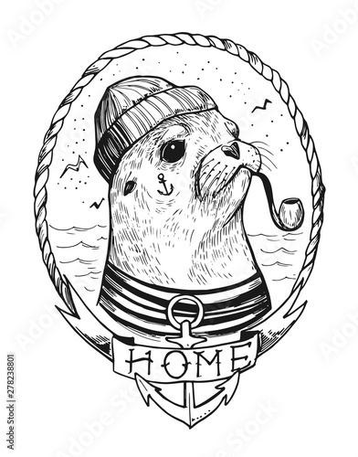 Sea lionl with a smoking pipe in a sailor suit. Prints for T-shirts. Tattoo sketch.