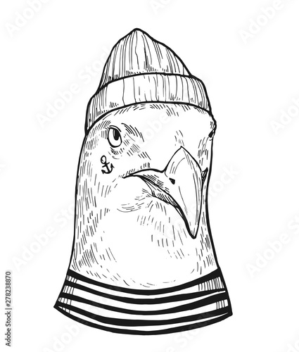 Seagull in a sailor suit. Hand drawn illustration converted to vector. Prints for T-shirts. Tattoo sketch.